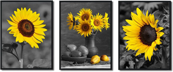 Black Yellow Sunflower Wall Art - Modern Floral Poster Flowers Canvas Painting Home Office Decor Wall Decoration for Living Room Kitchen Bedroom Picture Giclee Print Artwork 3 Panel 12X16'' Unframed