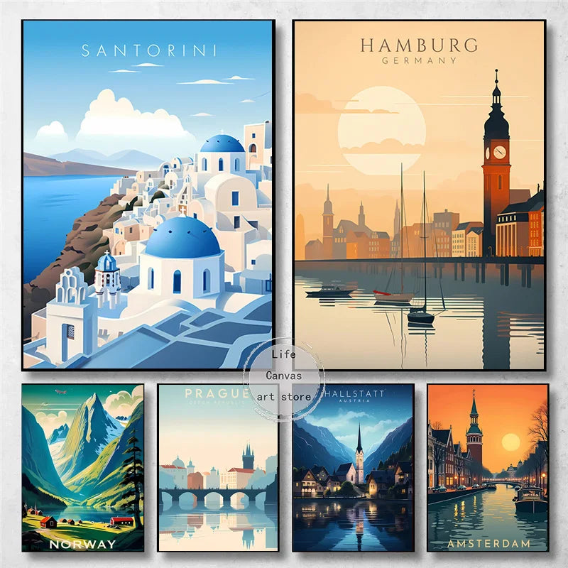 Retro Europe Travel Cities Poster