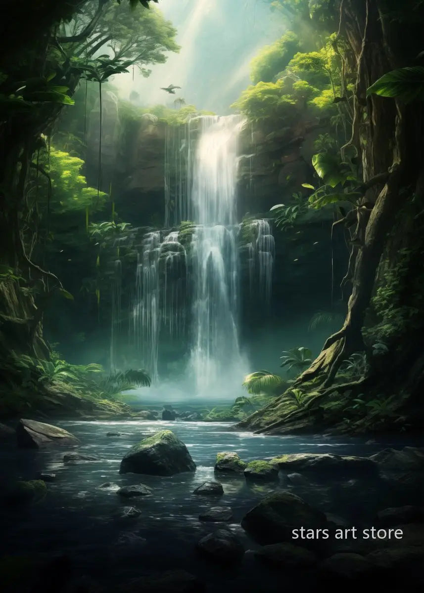 Foggy Forest Waterfall Canvas