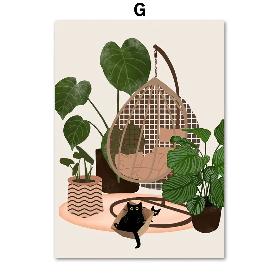 Green Plants Black Cat Art