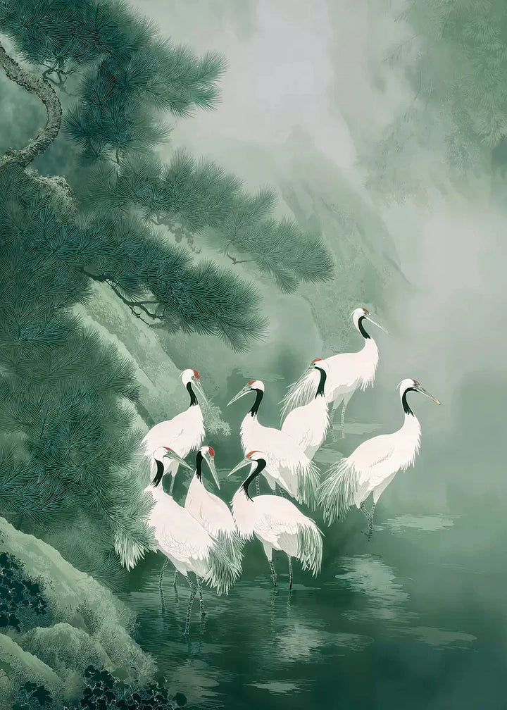 White Cranes Forest Poster