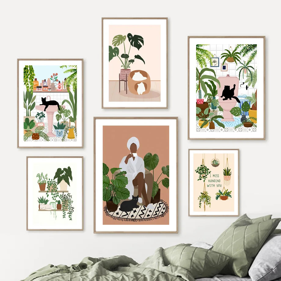 Green Plants Black Cat Art