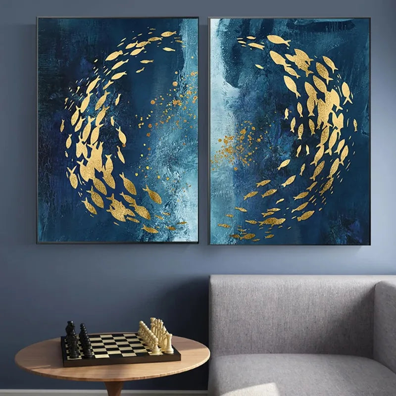 Blue Gold Abstract Fish Canvas