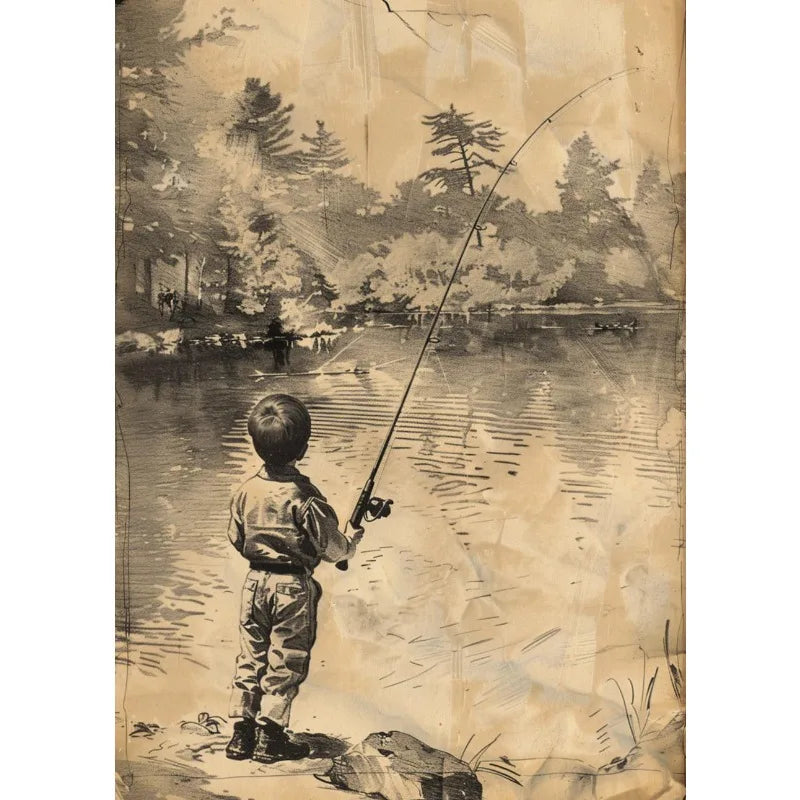 Retro Fishing Boys HunFishing Boys Landscape Artting Sketch Lake Nature Landscape Nursery Poster Canvas Painting Wall Art Pictures Home Farmhouse Decor