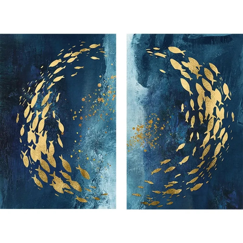 Blue Gold Abstract Fish Canvas