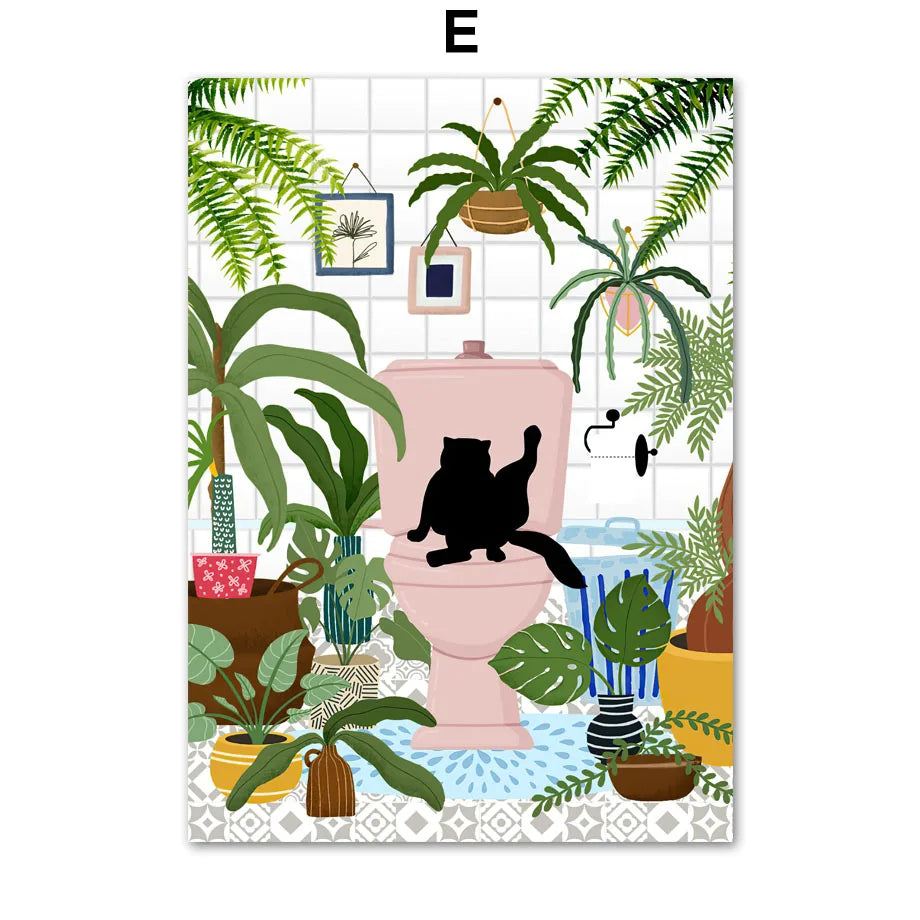 Green Plants Black Cat Art