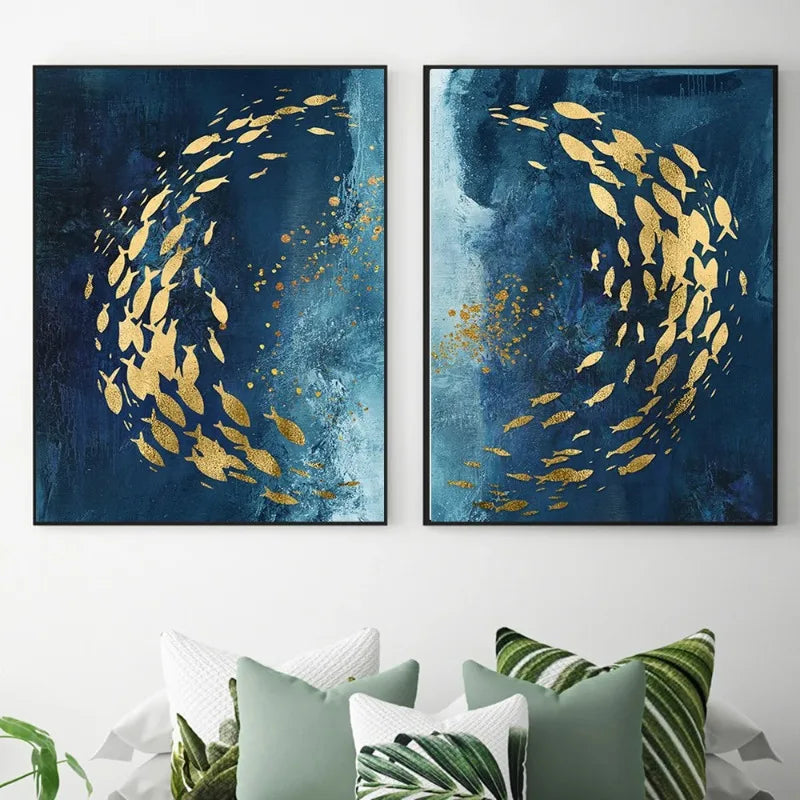 Blue Gold Abstract Fish Canvas