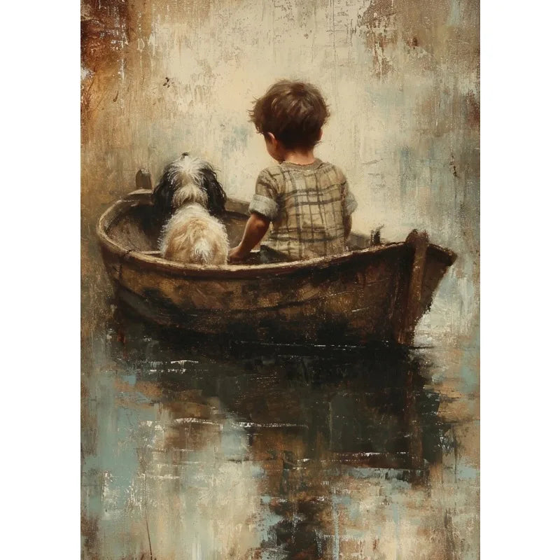 Retro Fishing Boys HunFishing Boys Landscape Artting Sketch Lake Nature Landscape Nursery Poster Canvas Painting Wall Art Pictures Home Farmhouse Decor