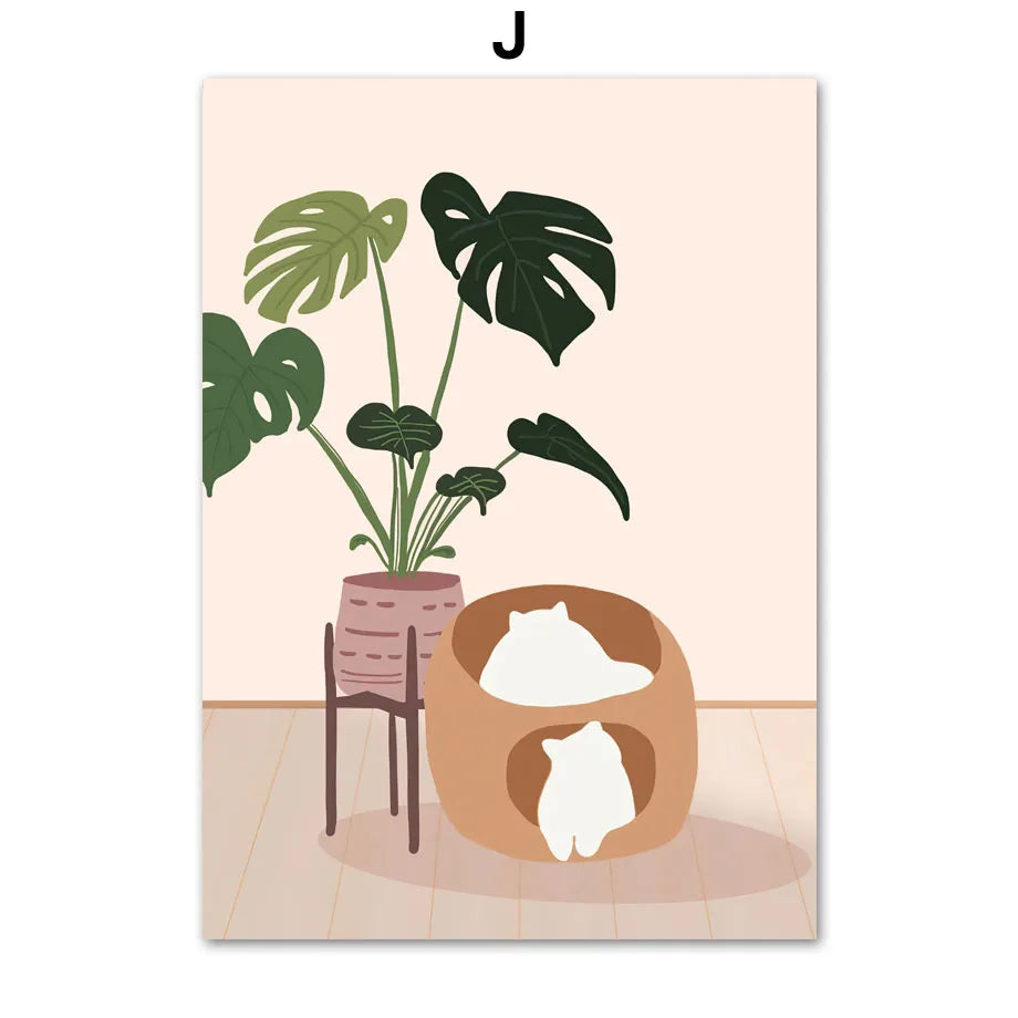 Green Plants Black Cat Art