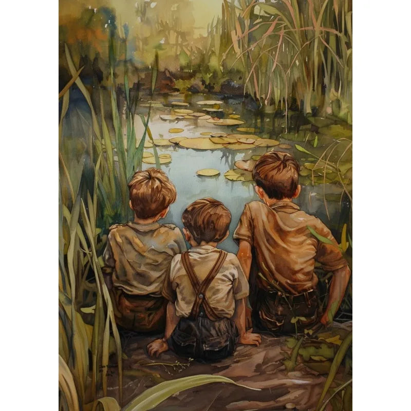 Retro Fishing Boys HunFishing Boys Landscape Artting Sketch Lake Nature Landscape Nursery Poster Canvas Painting Wall Art Pictures Home Farmhouse Decor
