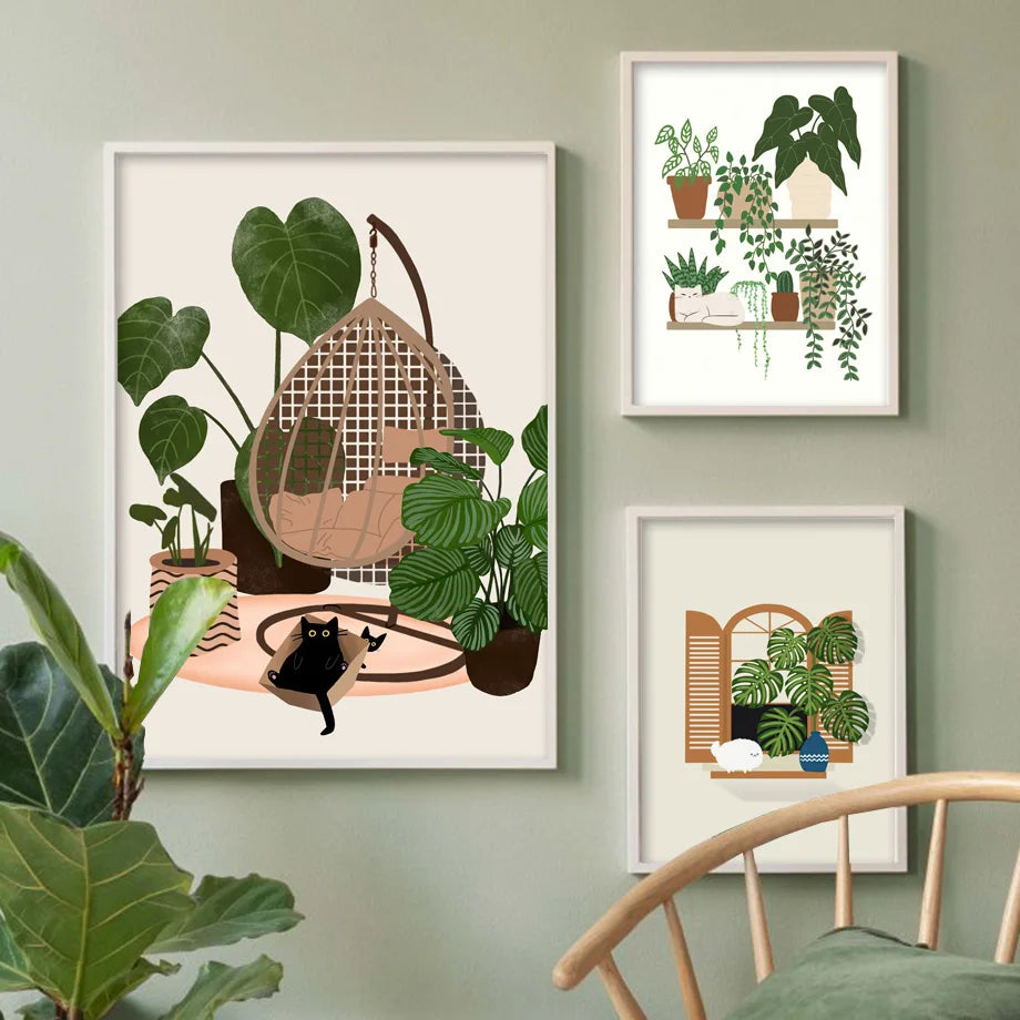 Green Plants Black Cat Art