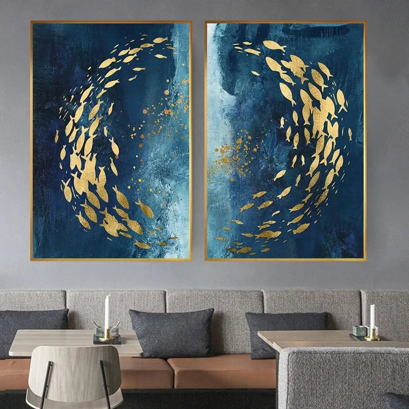 Blue Gold Abstract Fish Canvas
