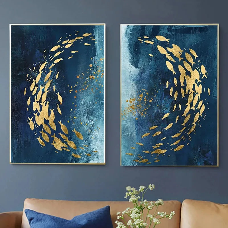 Blue Gold Abstract Fish Canvas