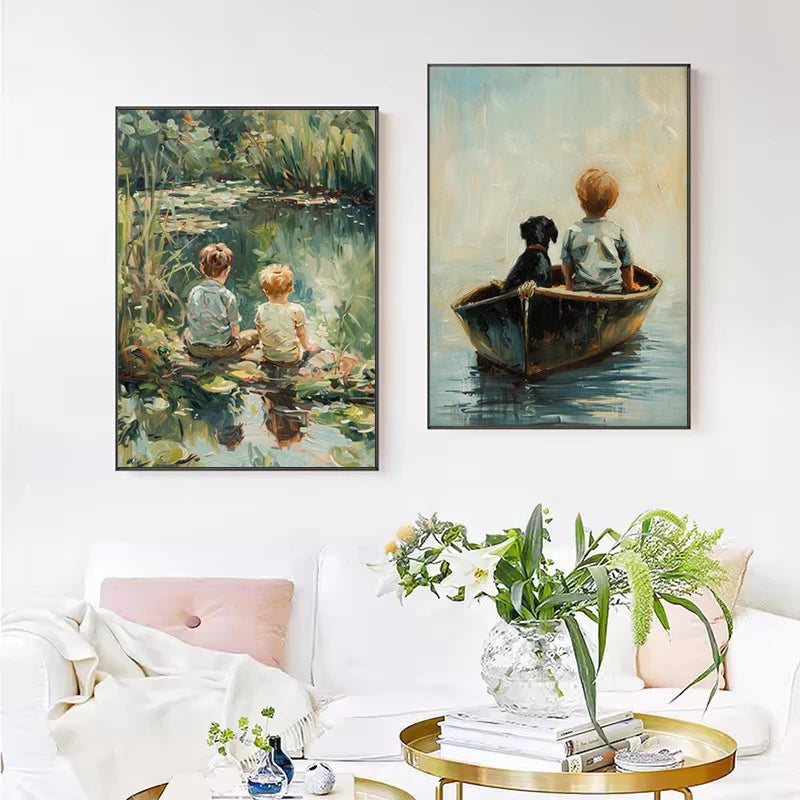 Retro Fishing Boys HunFishing Boys Landscape Artting Sketch Lake Nature Landscape Nursery Poster Canvas Painting Wall Art Pictures Home Farmhouse Decor