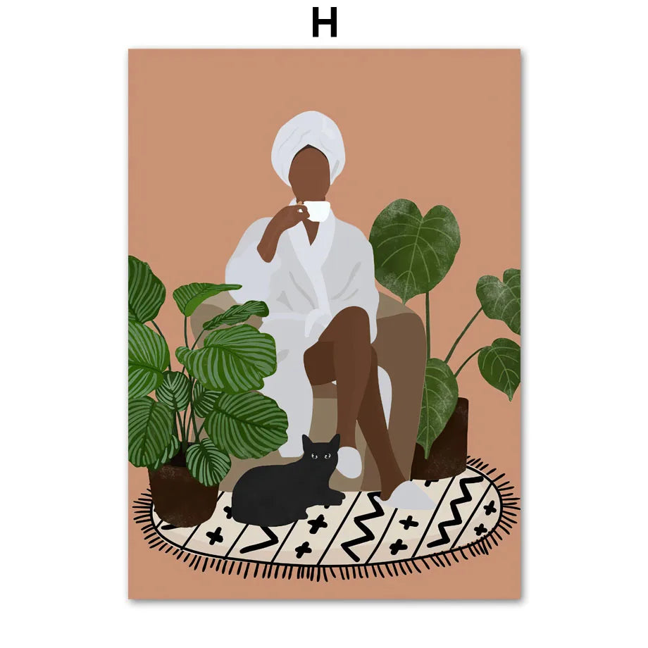 Green Plants Black Cat Art