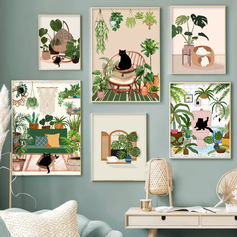 Green Plants Black Cat Art