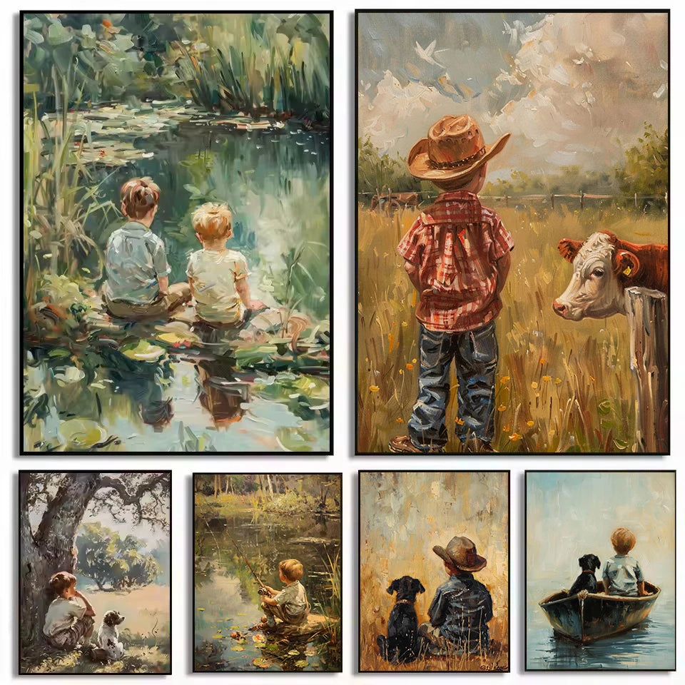 Retro Fishing Boys HunFishing Boys Landscape Artting Sketch Lake Nature Landscape Nursery Poster Canvas Painting Wall Art Pictures Home Farmhouse Decor