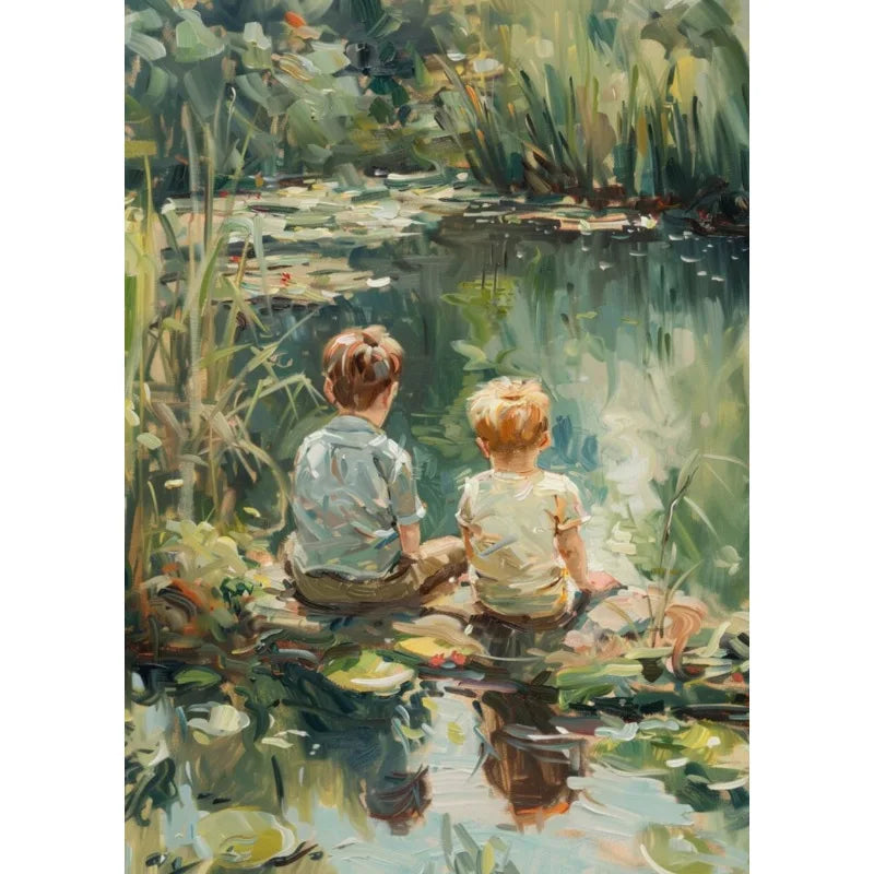 Retro Fishing Boys HunFishing Boys Landscape Artting Sketch Lake Nature Landscape Nursery Poster Canvas Painting Wall Art Pictures Home Farmhouse Decor