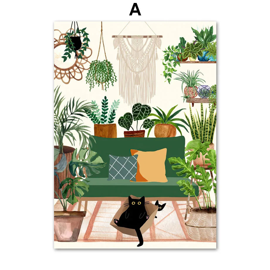 Green Plants Black Cat Art