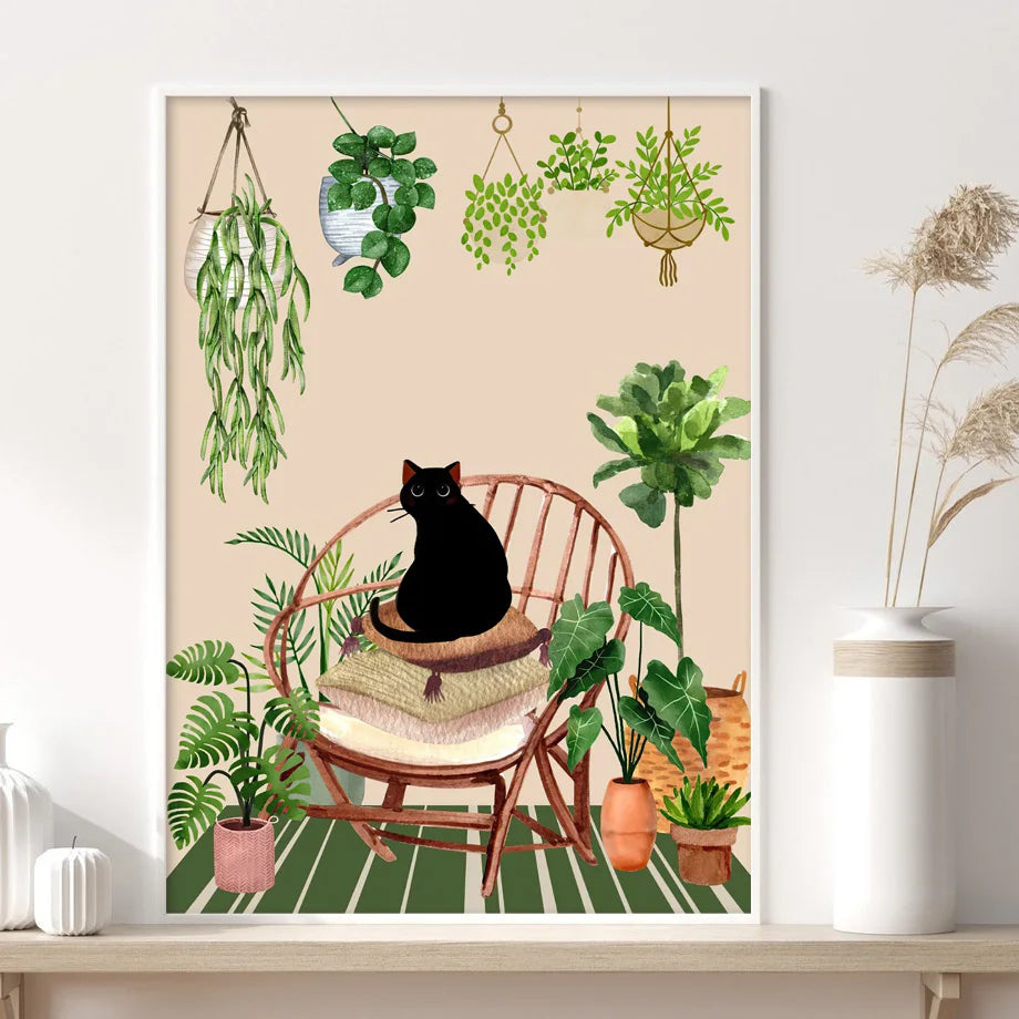 Green Plants Black Cat Art