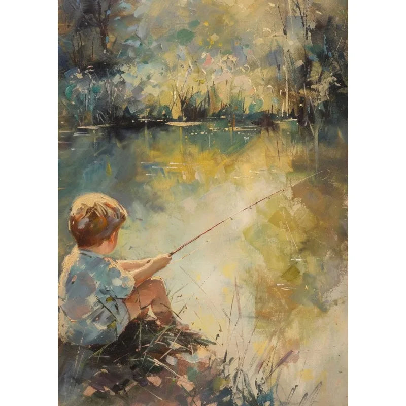 Retro Fishing Boys HunFishing Boys Landscape Artting Sketch Lake Nature Landscape Nursery Poster Canvas Painting Wall Art Pictures Home Farmhouse Decor