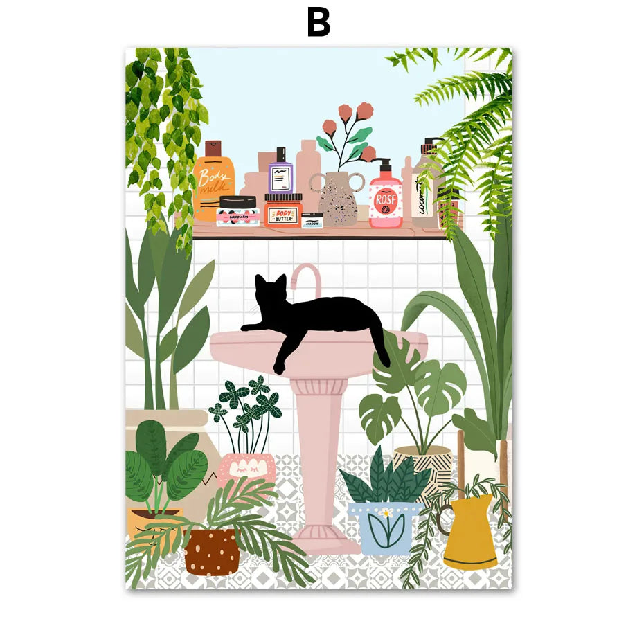 Green Plants Black Cat Art