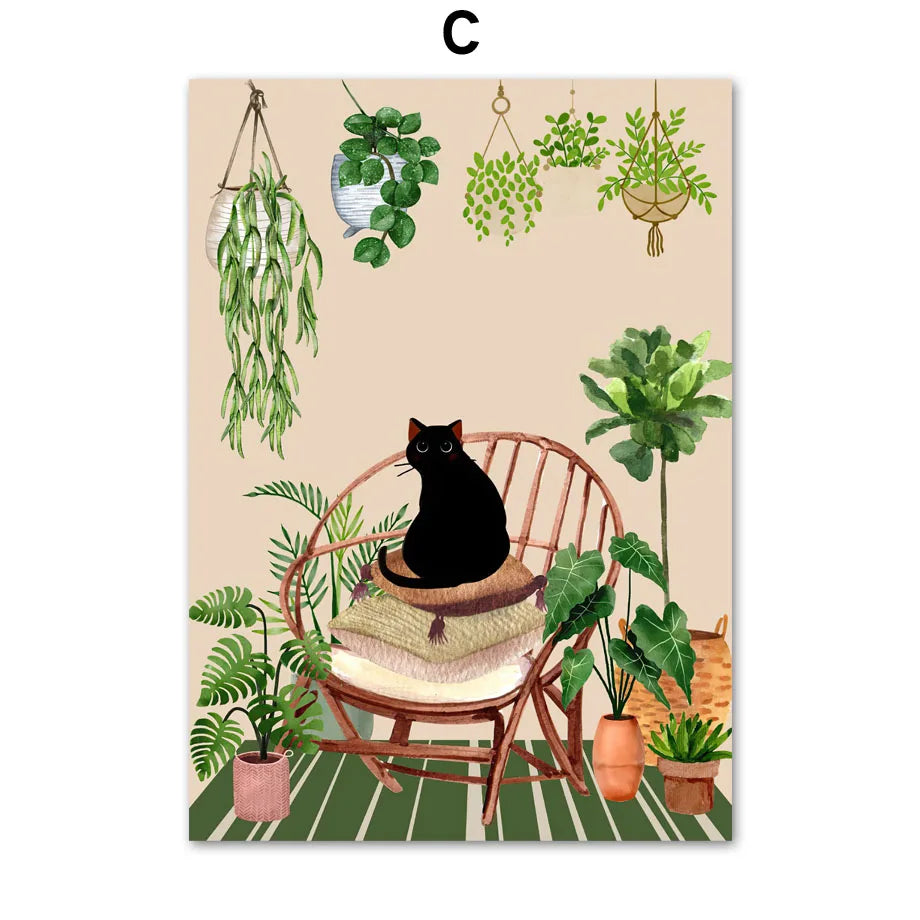 Green Plants Black Cat Art
