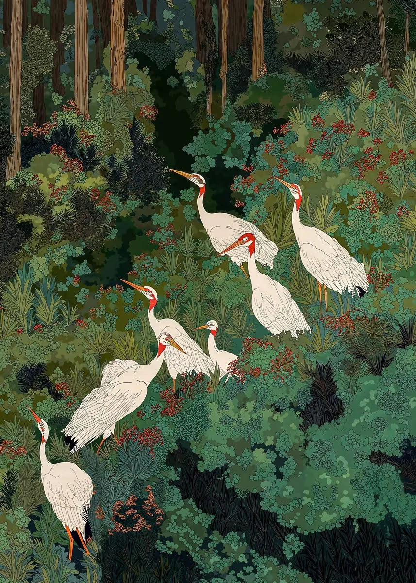 White Cranes Forest Poster