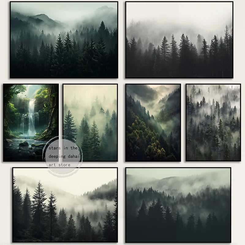 Foggy Forest Waterfall Canvas