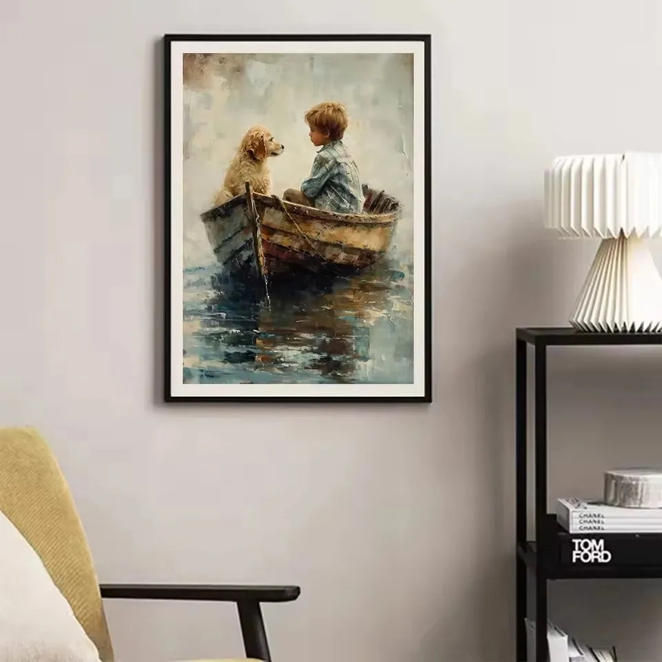 Retro Fishing Boys HunFishing Boys Landscape Artting Sketch Lake Nature Landscape Nursery Poster Canvas Painting Wall Art Pictures Home Farmhouse Decor