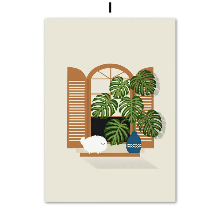 Green Plants Black Cat Art