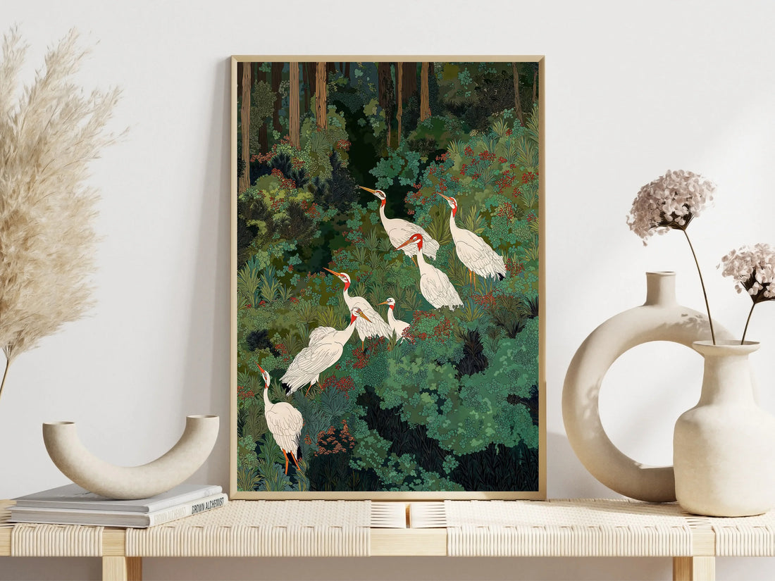 White Cranes Forest Poster