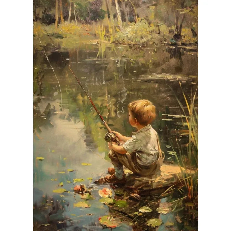 Retro Fishing Boys HunFishing Boys Landscape Artting Sketch Lake Nature Landscape Nursery Poster Canvas Painting Wall Art Pictures Home Farmhouse Decor