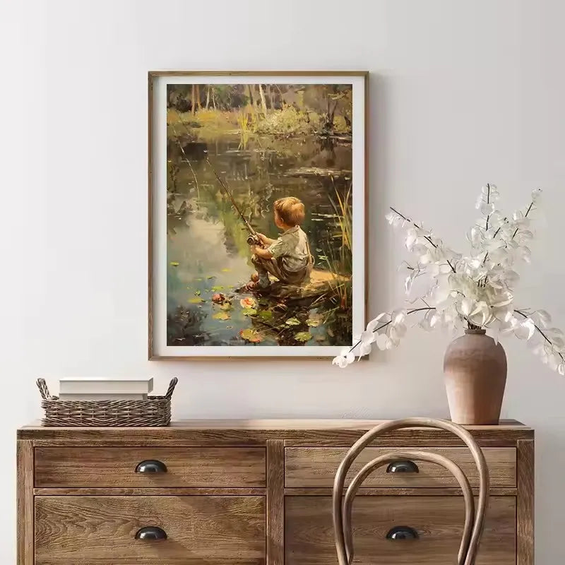 Retro Fishing Boys HunFishing Boys Landscape Artting Sketch Lake Nature Landscape Nursery Poster Canvas Painting Wall Art Pictures Home Farmhouse Decor
