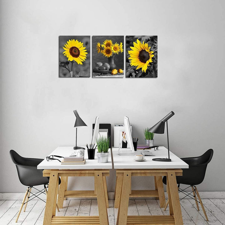 Black Yellow Sunflower Wall Art - Modern Floral Poster Flowers Canvas Painting Home Office Decor Wall Decoration for Living Room Kitchen Bedroom Picture Giclee Print Artwork 3 Panel 12X16'' Unframed